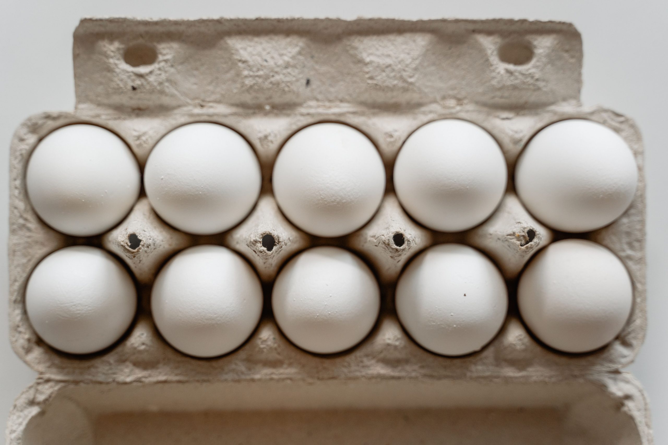 Douzaine d'œufs blancs en boîte carton vue dessus